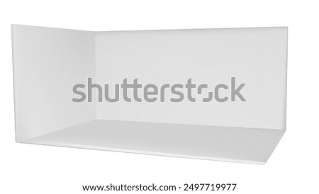 3d booth stand mockup for event. Blank exhibition corner room rectangle mock up. Empty presentation interior render with floor. Tradeshow showroom for press promotion. Expo kiosk box area layout