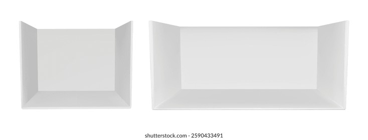 3d booth stand room in white design. Tradeshow perspective cube box on background. Showroom interior for presentation. Exhibit section on trade show. Corner kiosk stage isolated view in vector.