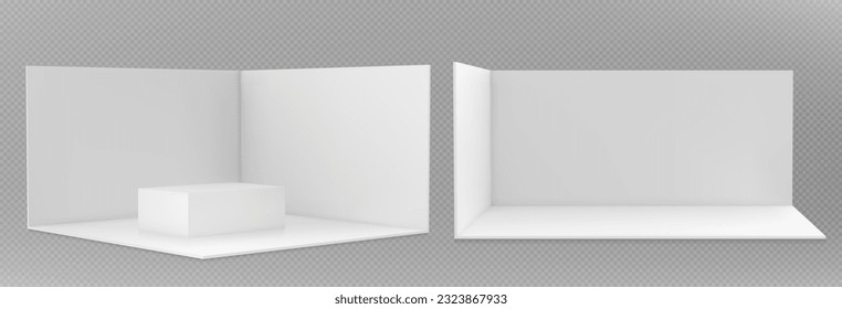 3d booth stand for trade show. Blank room mockup with white walls, floor and table in front and corner view. Empty presentation stall for exhibition, vector realistic set - Shutterstock ID 2323867933