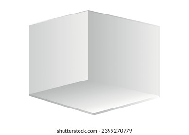 3.ª cabina para la feria comercial. Paredes blancas, suelo y mesa en frente y en la esquina. Parcela de presentación vacía para exposición, conjunto de vector realista