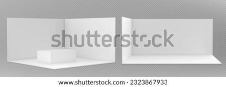 3d booth stand for trade show. Blank room mockup with white walls, floor and table in front and corner view. Empty presentation stall for exhibition, vector realistic set