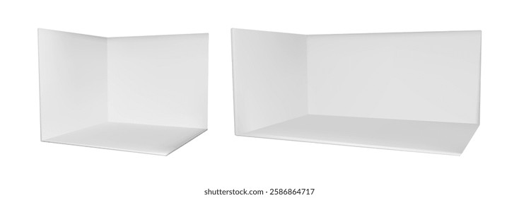 3d booth stand with white wall. Empty cube box interior for trade or fair show. Corner exhibit template with product display space. Small kiosk with panel inside. Store section view isolated area