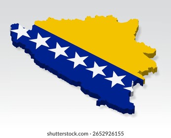 Mapa 3D da Bósnia e Herzegovina com bandeira. Mapa tridimensional da Bósnia e Herzegovina com sombra. Bandeira da Bósnia-Herzegovina em fundo branco para o seu design, app, UI. Vetor de estoque. EPS10
