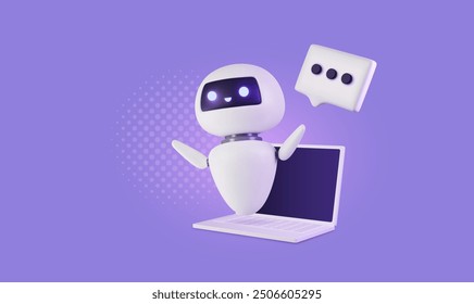 3d bot with speech bubble floating above the laptop. Artificial intelligence technology, online customer support concept. Cute and friendly cartoon character, consulting assistant, robotic device.