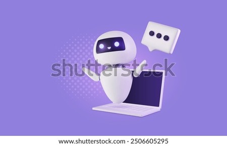 3d bot with speech bubble floating above the laptop. Artificial intelligence technology, online customer support concept. Cute and friendly cartoon character, consulting assistant, robotic device.