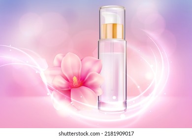 3D bottle with cosmetic product for beauty and skin care, pink flower and white glow of swirl lines and particles vector illustration. Realistic packaging with whitening cream, lotion background