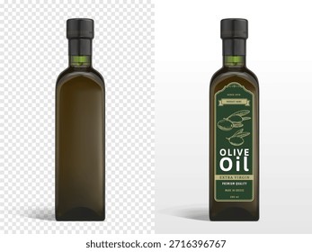 Frasco 3D de Azeitona Extra Virgin Oil isolado no fundo branco. Comida orgânica vegetariana. Ilustração de vetor.