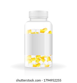 3d bottle with pill mock up on white backdrop. Isolated 3d vector. White background. Realistic 3d objects. Vector illustration.
