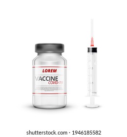 3D Bottle Whith All COVID-19 Vaccines And Syringe. EPS10 Vector