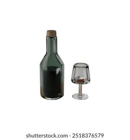 Botella de vino 3D con copa de vino. Objetos 3D. Renderizado 3D . Ilustración vectorial