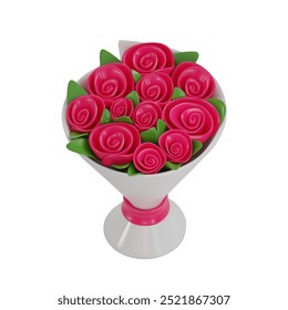 3D bouquet of pink roses wrapped in white paper with a pink ribbon . Vector illustration on isolated white background for Valentine's Day, International Women's Day, weddings, and romantic celebration