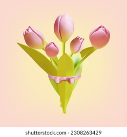 3d Bouquet of Tulips Flowers Cartoon Style Symbol of Celebration. Vector illustration of Spring Holland Flowers