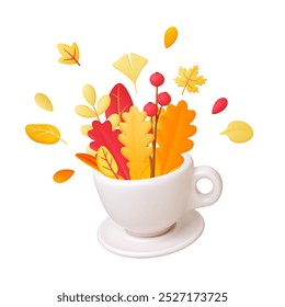 3d Bouquet in 3d white coffee cup. Autumn leaves and berries, yellow red orange leaf. Seasonal nature realistic render element. Cartoon fall vector scene