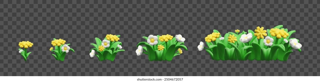 Ramos 3D de flores con lípidos blancos y amarillos, iconos sobre un fondo transparente. La visualización del verde da frescura y naturalidad a cualquier proyecto