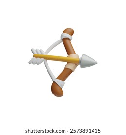 3D bow with arrow aiming cartoon plastic style icon. Volume archery or hunter tools. Ancient warrior game asset. Medieval weapon item isolated on white background