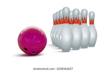 3d bowling ball and pins illustration isolated on a white background. Realistic bowling ball and pins