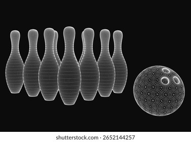 Uma bola de boliche 3D se esmaga em uma formação triangular de pinos em um fundo preto sólido. A bola branca tem um contorno preto arrojado, enquanto os pinos uniformes se dispersam do impacto.