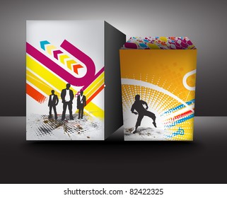 3d box with abstract image of standing businessman . Vector illustration.