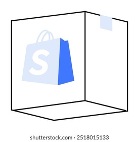 A 3D box with a blue shopping bag icon, featuring a prominent S symbol, on a white background with blue tape on the top. Ideal for online shopping, e-commerce, packaging, delivery, and branding them