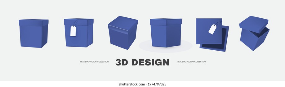 3D box collection in different view. Delivery and gift boxes realistic design isolated on white.
