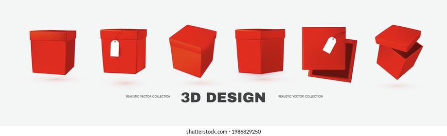 3D box collection in different view. Delivery and gift boxes realistic design isolated on white.
