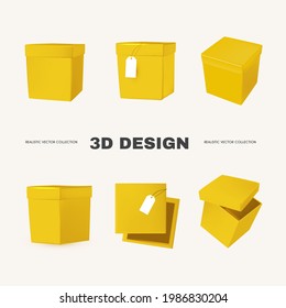 3D box collection in different view. Delivery and gift boxes realistic design isolated on white.