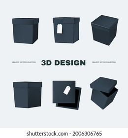3D box collection in different view. Delivery and gift boxes realistic design isolated on white.