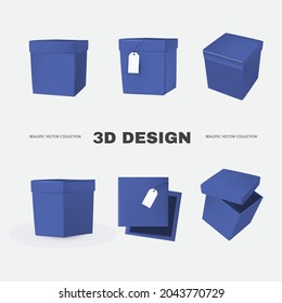 3D box collection in different view. Delivery and gift boxes realistic design isolated on white.