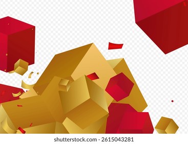 3d Box Falling Creative Vector Transparent Background. Gold and Red Block Flying Fashion Wallpaper. Orange Cube Volume Banner. Art Square Metal Illustration.