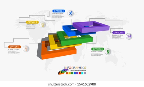 3D Box infographics options template. 
Modern concept design template with 5 options, steps or parts.