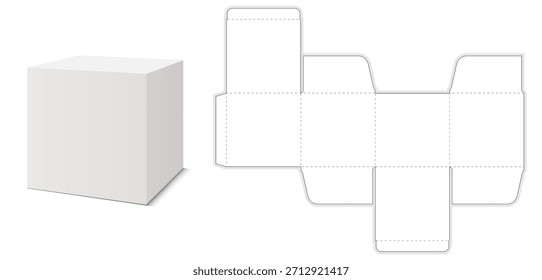 Caixa 3D com layout de rede plana correspondente. Design de embalagem geométrica limpa para visualização e marca do produto.