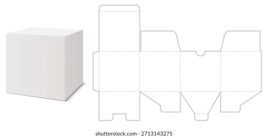 Caixa 3D com layout de rede plana correspondente. Design de embalagem geométrica limpa para visualização do produto.