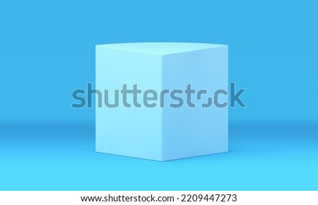 3d box pedestal decorative stage product promo exhibition blue studio background realistic vector illustration. Advertisement podium showcase minimalist platform construction fashion decor shape