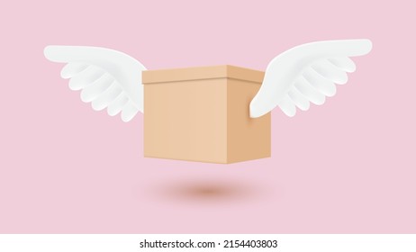 3d box with wings, Fast delivery concept. 3d vector illustration.