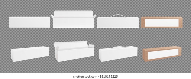 3D boxes mockup. Cardboard empty packing, white and craft realistic package. Isolated open, closed and pack with handle vector illustration