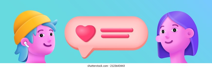 3d boy and girl cartoon character heads and cloud with message for social media communication. Vector illustration. Vector illustration for a social media profile. 3d cartoon characters design