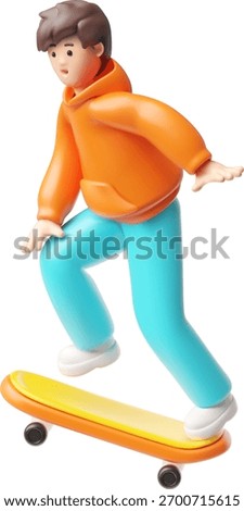 3D boy in an orange hoodie and blue pants riding a skateboard. Leisure, hobby, sports. Happy character in motion. Vector cartoon illustration. Isolated background. Render.