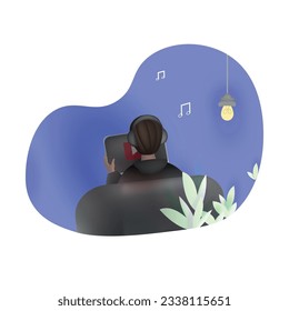 3d boy is watching youtube on tablet and listening to music. Trendy vector design. 