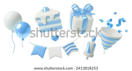 3D boy's birthday blue decorations collection. Realistic three dimensional baby shower icons. Balloons, gift box, piece of cake, candle, flags bunting and party popper with confetti.