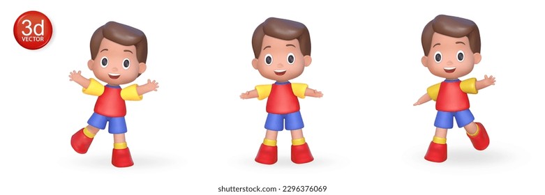 3d boys cartoon character vector illustration. Set render happy funny children isolated on white background. Collection render model kids.