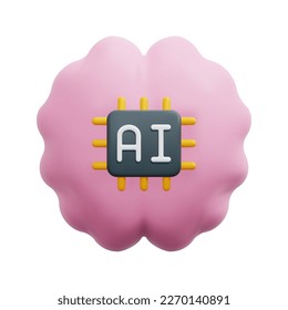 3d cerebro con un vector de iconos de chip ai. Aislado sobre fondo blanco. 3d concepto de inteligencia artificial, negocios y tecnología. Dibujo de estilo mínimo. Ilustración del vector de icono 3d.