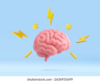 3D brain surrounded by lightning bolts and stars, representing creativity, inspiration, intelligence, and mental energy. Brainstorming, symbol of thinking. 3d rendering. Vector illustration
