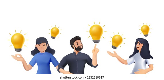 Brainstorm 3D, concepto de discusión de ideas. Equipo de negocios que busca soluciones, pensamiento, ofertas para compartir, bombillas. Creatividad, proceso de creación. Ilustración vectorial 3D aislada en fondo blanco