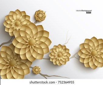 3D branches of golden arabesque style blossoms on white background