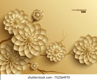 3D branches of golden arabesque style blossoms on golden background