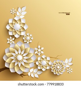 3D branches of golden arabesque style blossoms on golden background