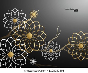 Ramas 3D de flores de estilo arabesco blanco y dorado sobre fondo oscuro