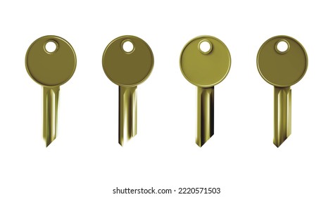 3d brass keys vector mockup set. Realistic metal latchkeys as symbols of security, safety, property ownership and open access