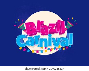 3D Brazil Carnival Font With Vuvuzela, Bunting Flags Decorated On White And Purple Halftone Effect Background.