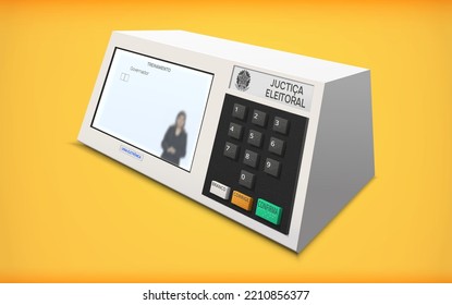 3D Brazil Electoral Urn. Voting computer on orange background. Translations: Treinamento Training, Governador Governor, Urna Eleitoral Ballot box; Branco Blank; Corrige Correct; Confirma Confirm.